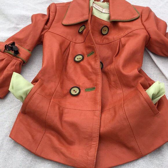 Vtg Lux Imported Turkey Bennys Orange Leather Coat Silk Lined Designer Girls 5 6 - Picture 13 of 16